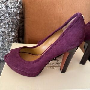 Coach Suede Peep Toe Platform Heels in Color Plum